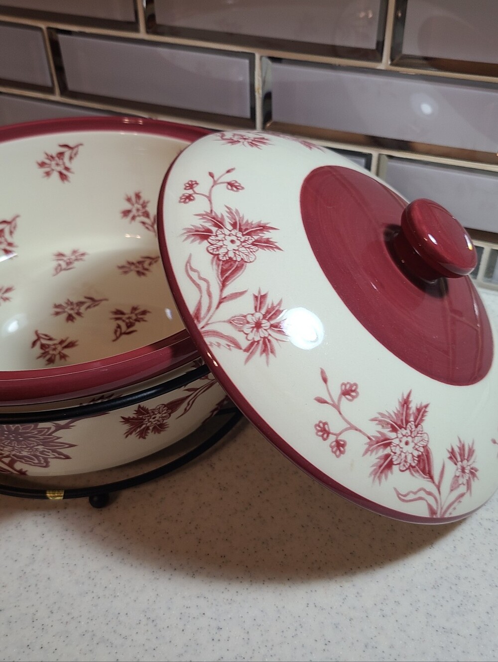 Temp-Tations Cream and Burgundy Floral Covered Serving Dish